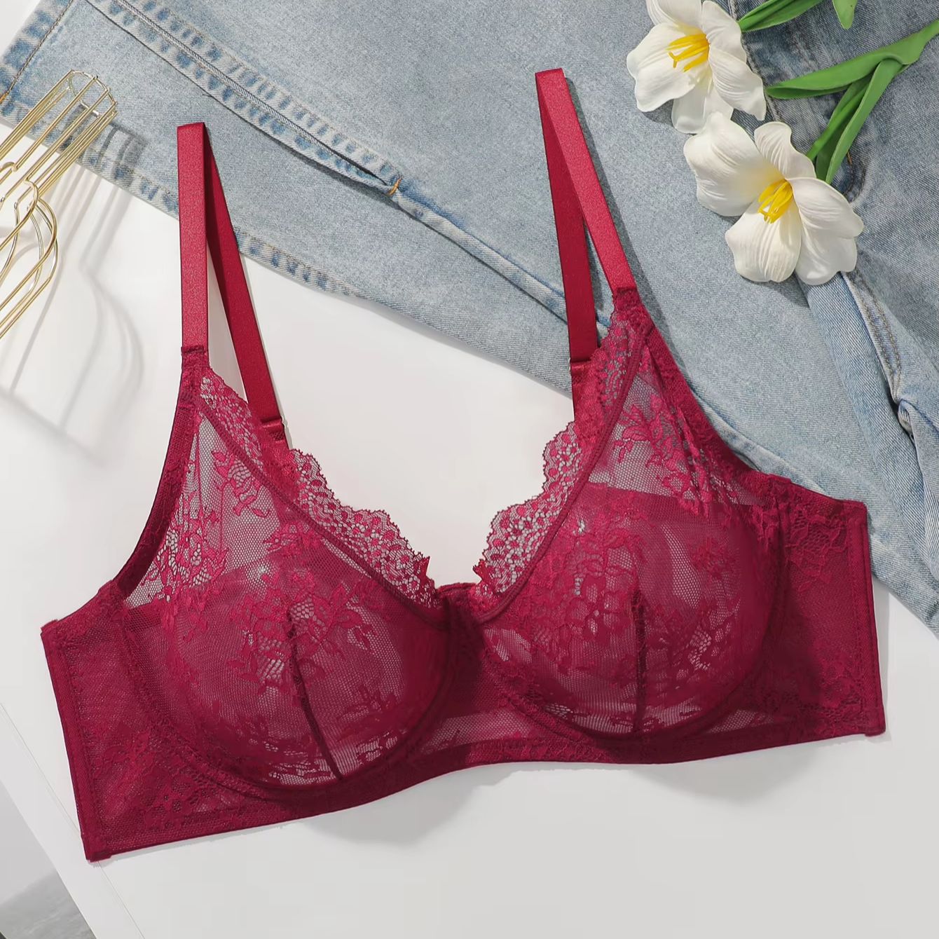 Bra Wanita Ukuran Besar Merah  - Sheer Mesh Bra ulasan dan harga