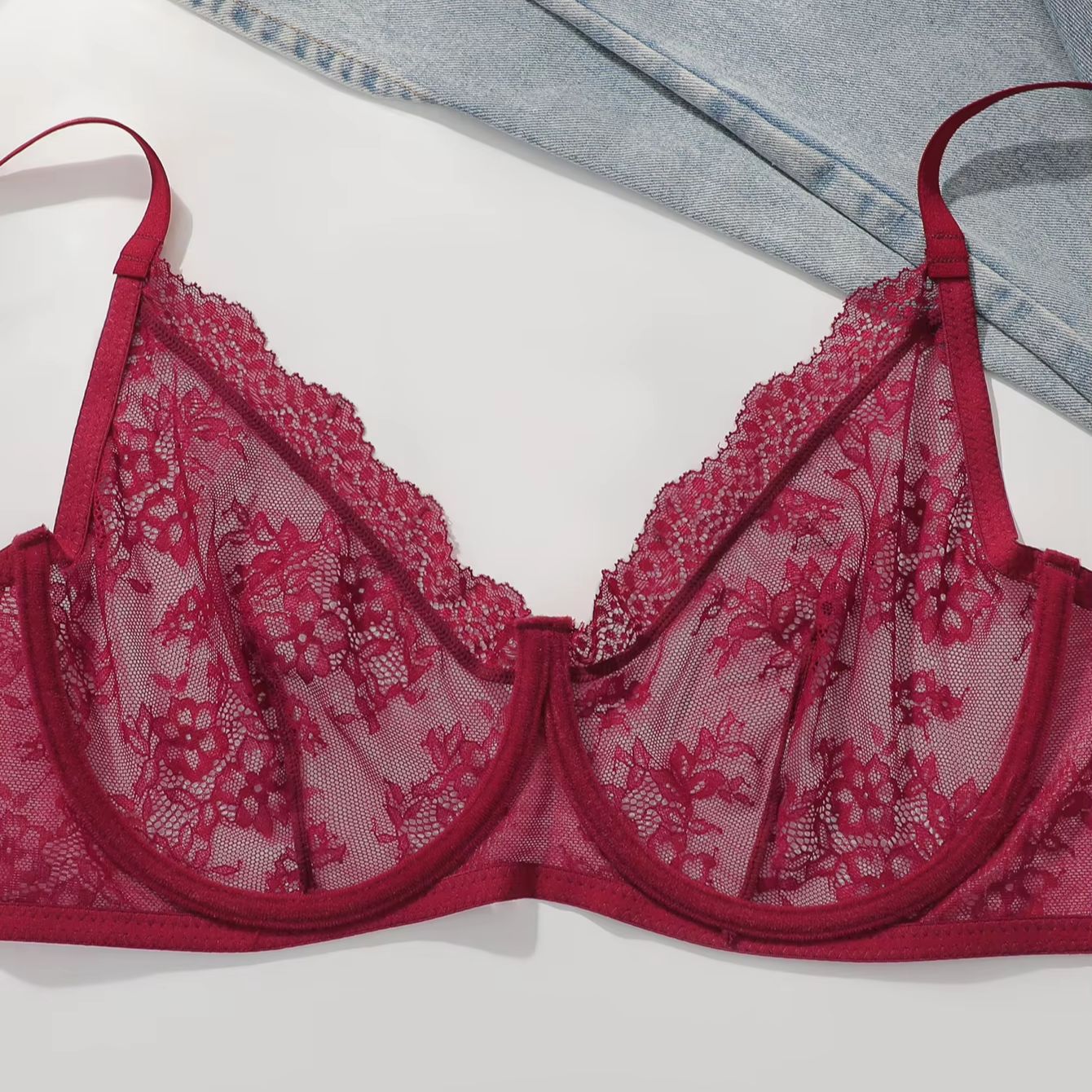 Bra Wanita Ukuran Besar Merah  - Sheer Mesh Bra ulasan dan harga